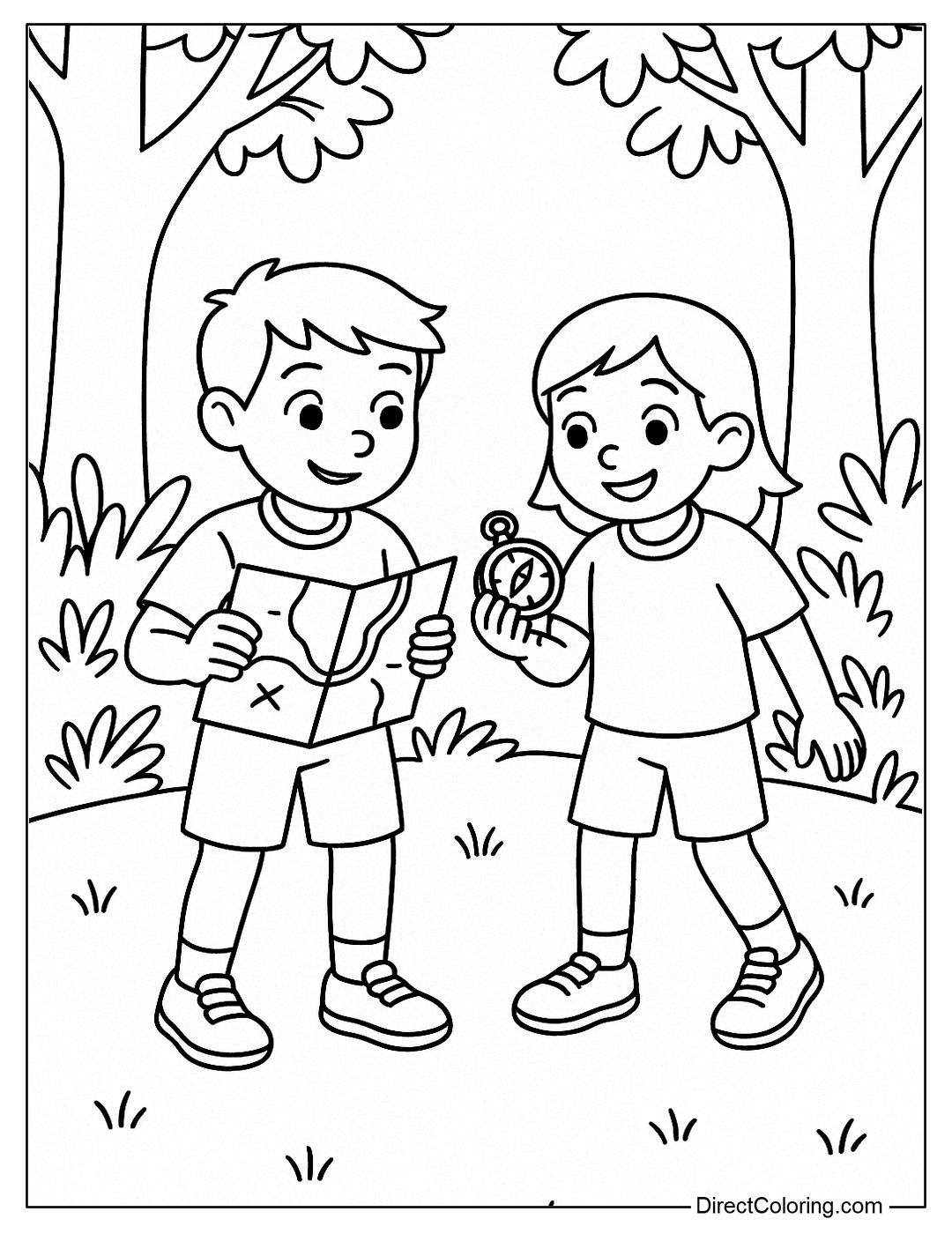 A coloring page of boys and girls using a map and compass to find their way in the forest.
